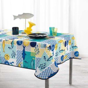 60" SQUARE BLUE LAGOON WHITE PROVENCE TABLECLOTH